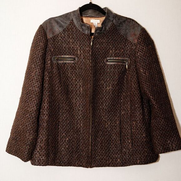Chico's Jackets & Blazers - Chico's Brown Textured Zip-Front Jacket with Leather Trim size 3 or 18/20